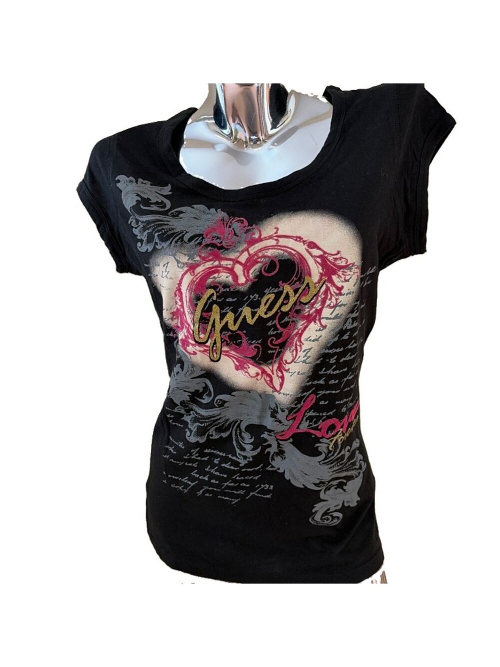 VTG GUESS Women's Graphic Long Line Tee Size L Glitter Textured Heart NEW